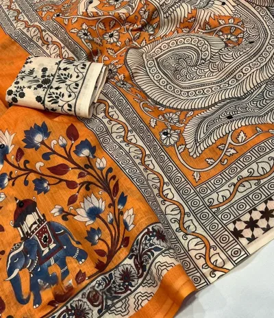 Linen Kalamkari Style Printed Saree - Mustard Yellow